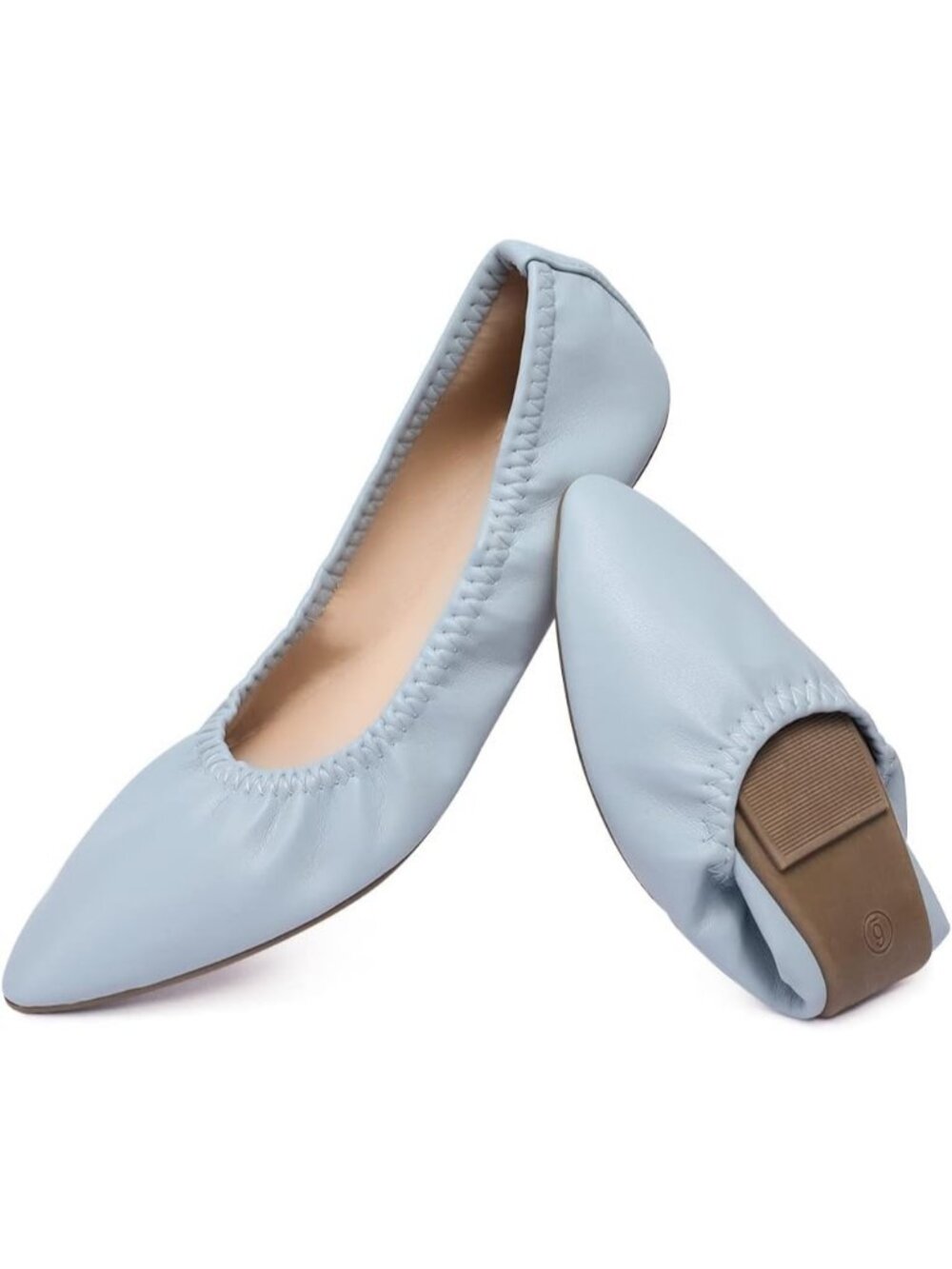 Women's Light Blue Faux Leather Foldable Ballet Flat Slip On Pointed Toe Shoes